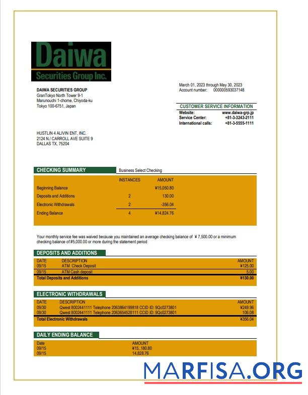 Printable Daiwa Securities Group business bank statement Word and PDF template
